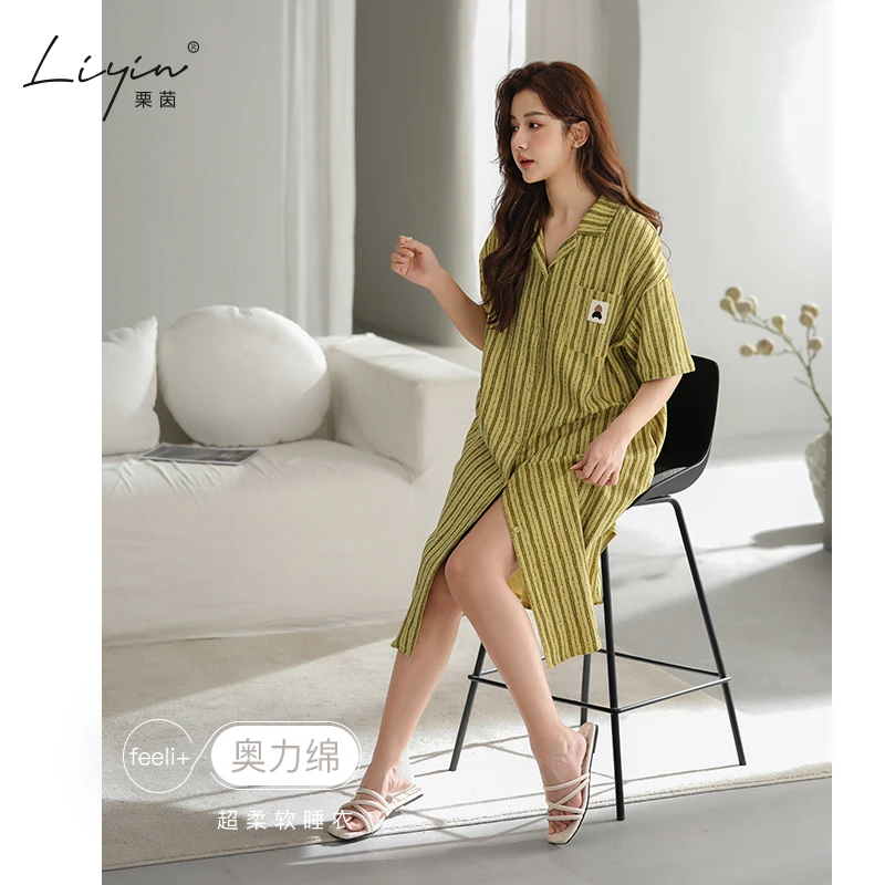 栗茵小众设计师新款奥力绵女士睡衣夏季短袖少女睡裙可外穿家居服