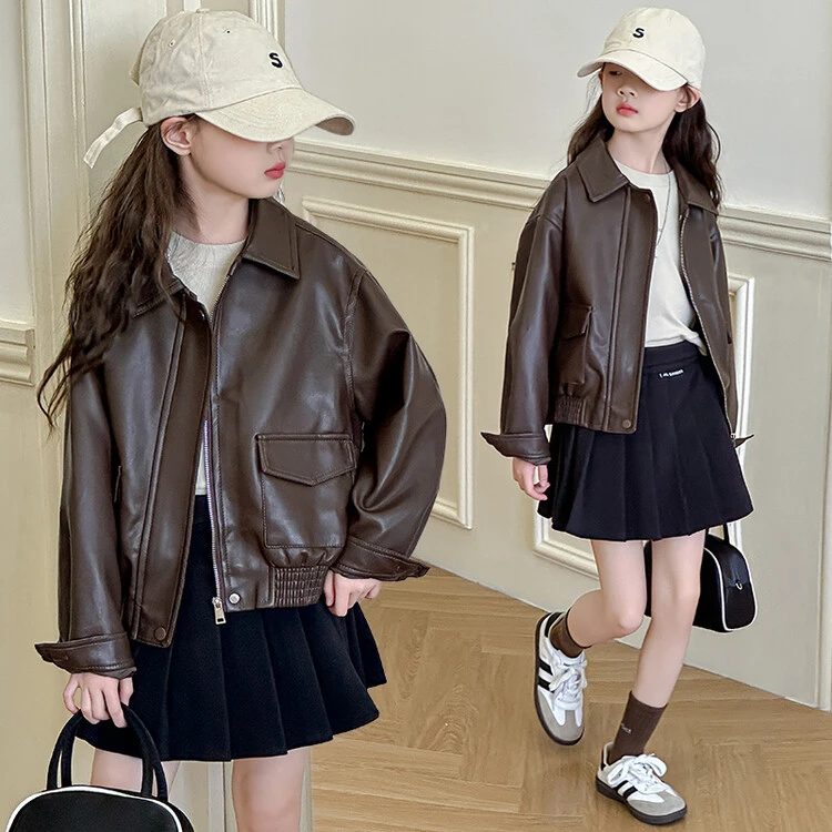 2025春秋儿童短款皮夹克中小童洋气纯色短款外套女孩痞帅皮衣外套
