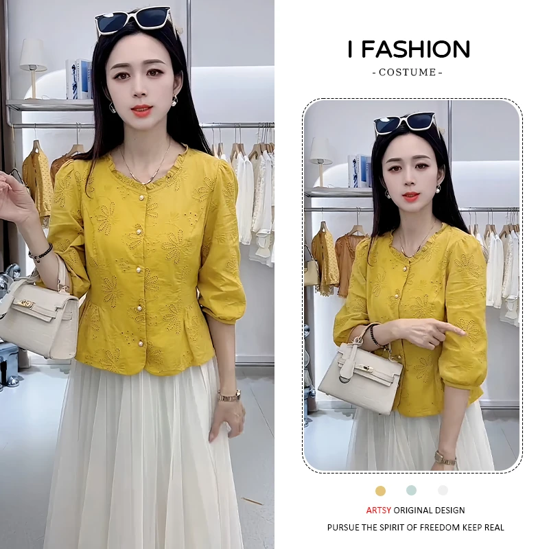 韩版简约风花边七分袖衬衫女士2025年早秋新款小个子宽松显瘦上衣