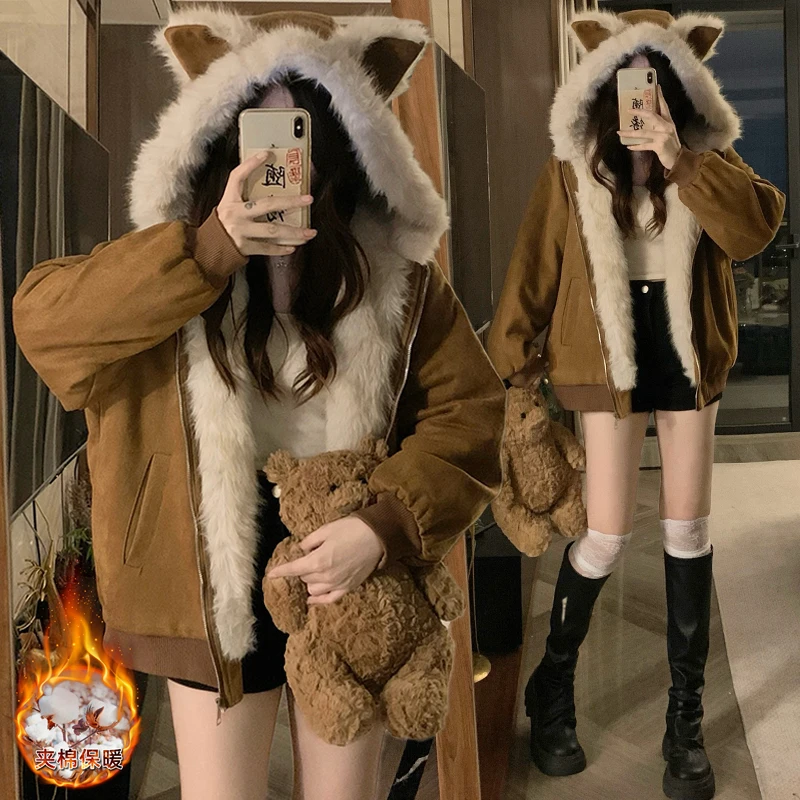 夹棉加厚棉袄麂皮绒连帽棉衣女秋冬季2025新款小个子毛领棉服宽松
