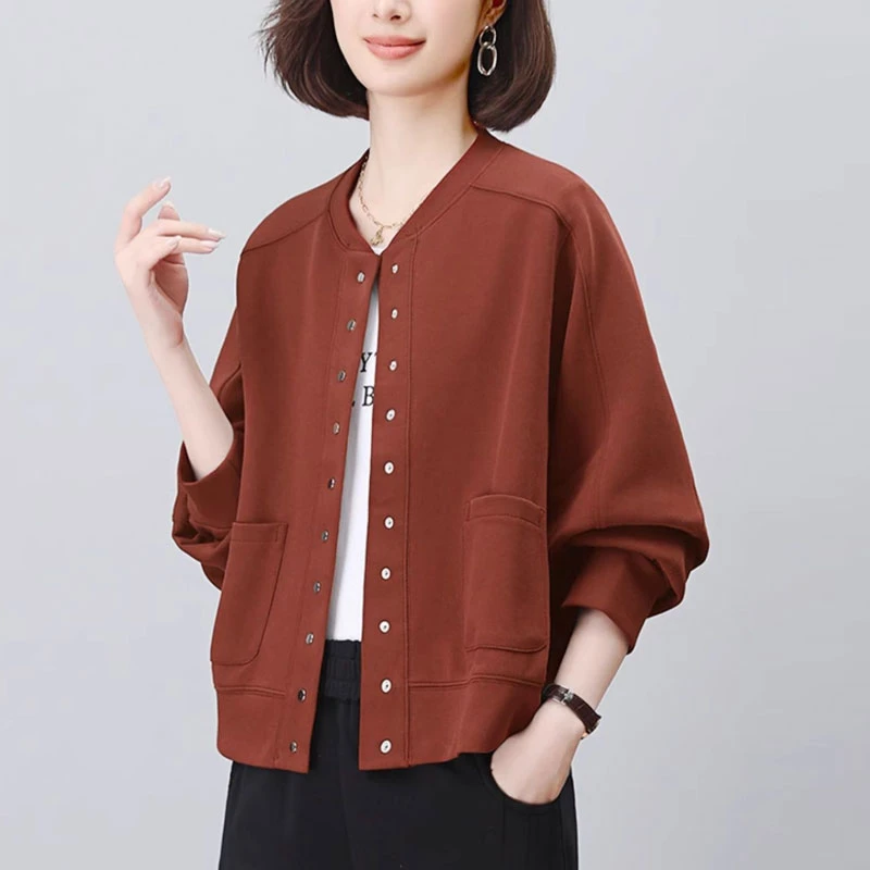 休闲短款外套女2025年春秋新款韩版宽松大码中年妈妈卫衣针织上衣