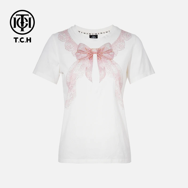 TCH烫钻工艺时尚休闲百搭气质蝴蝶结T恤女T75C10E9010轻奢tch