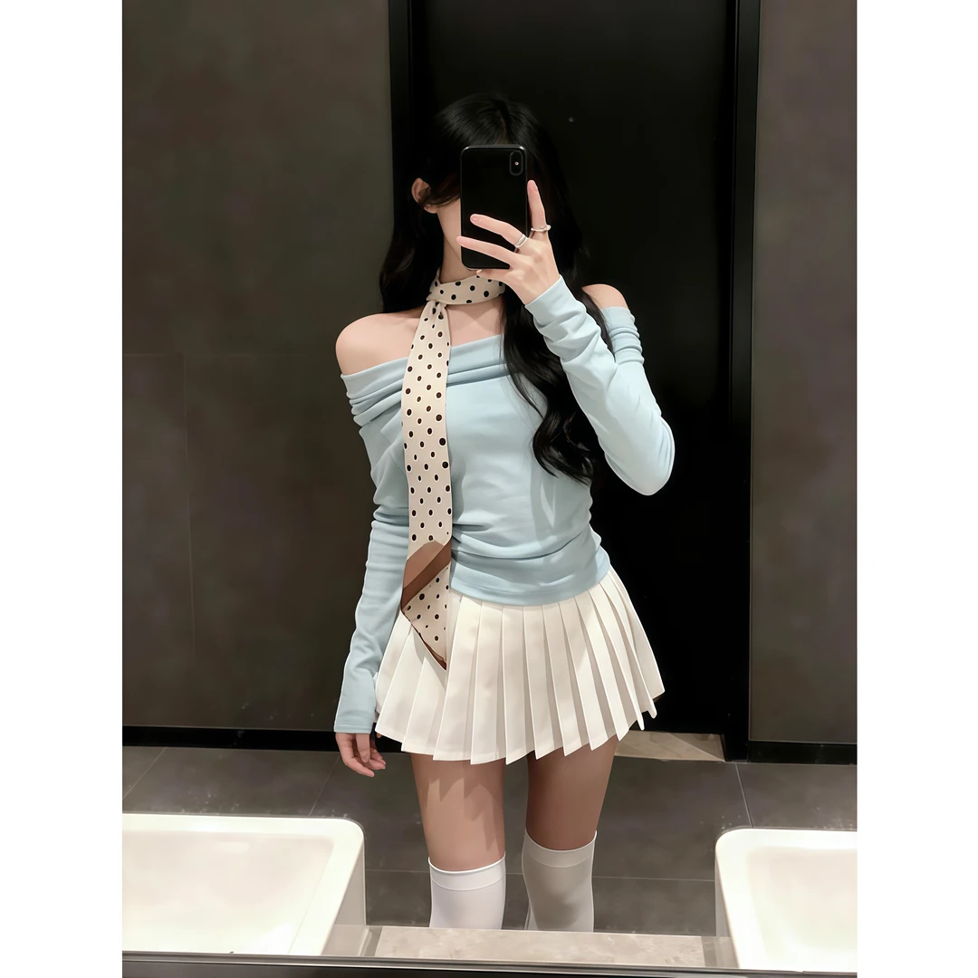 韩系一字肩露肩长袖打底衫T恤女秋冬季新款修身显瘦休闲百搭上衣