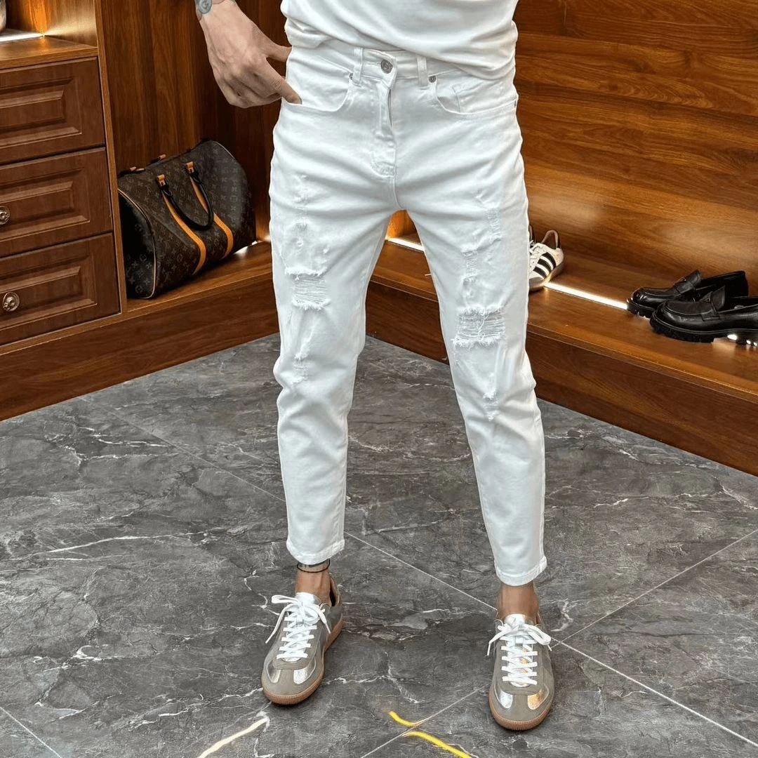 九分破洞牛仔裤裤子男潮牌夏季薄款新款时尚个性乞丐裤修身小脚裤