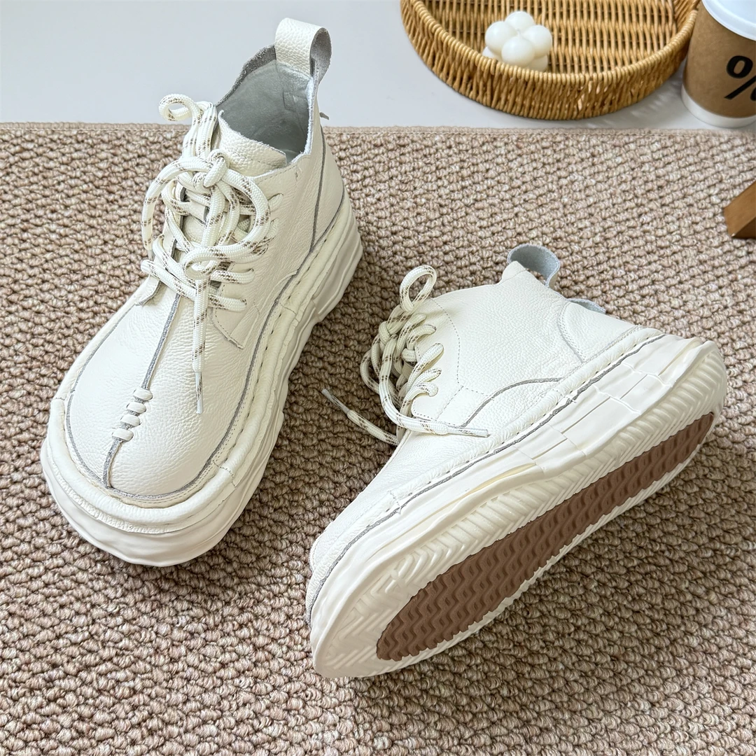 719-63头层牛皮系带马丁靴厚底增高松糕鞋短筒女靴休闲文艺大头鞋