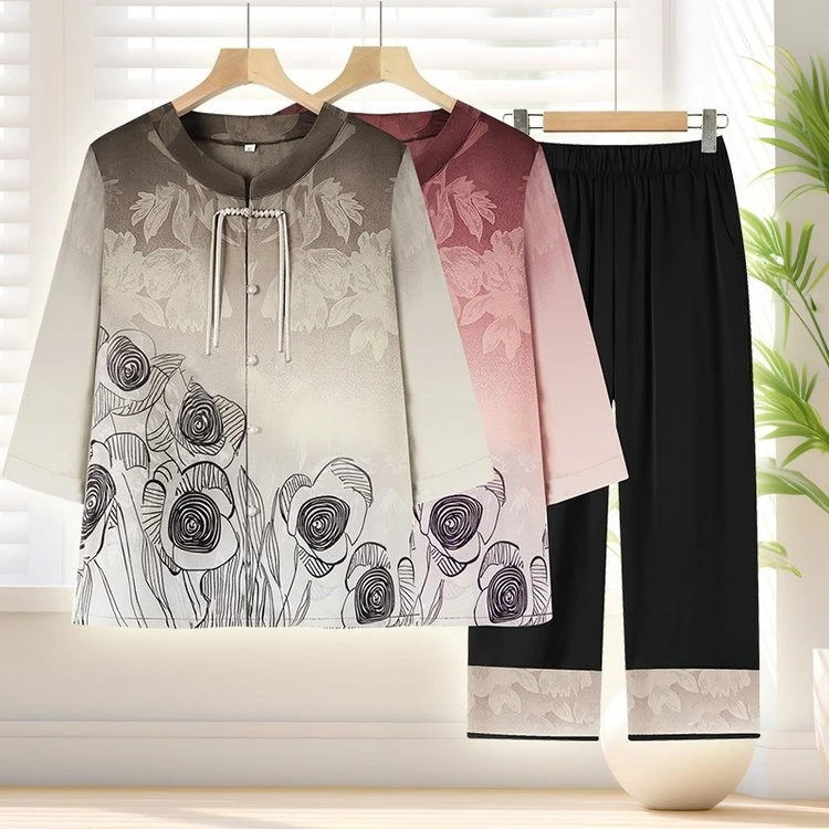 中老年妈妈夏装印花两件套宽松洋气时尚舒适套装衣服