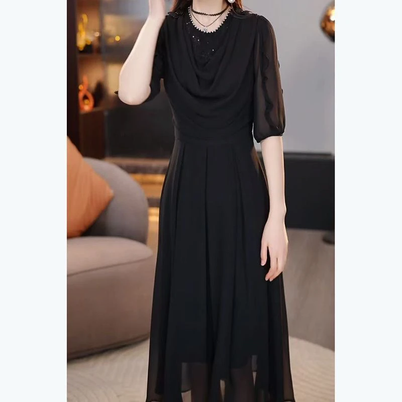 E623气质春夏季连衣裙黑色2025高级感新款时尚显瘦法式长裙裙子