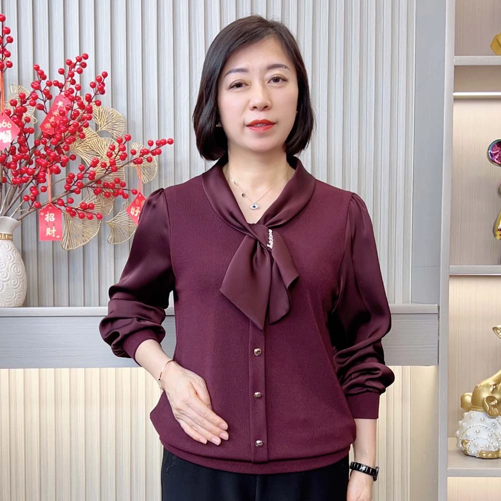 2025春季中老年妈妈装新款洋气减龄宽松大码显瘦气质飘带长袖上衣