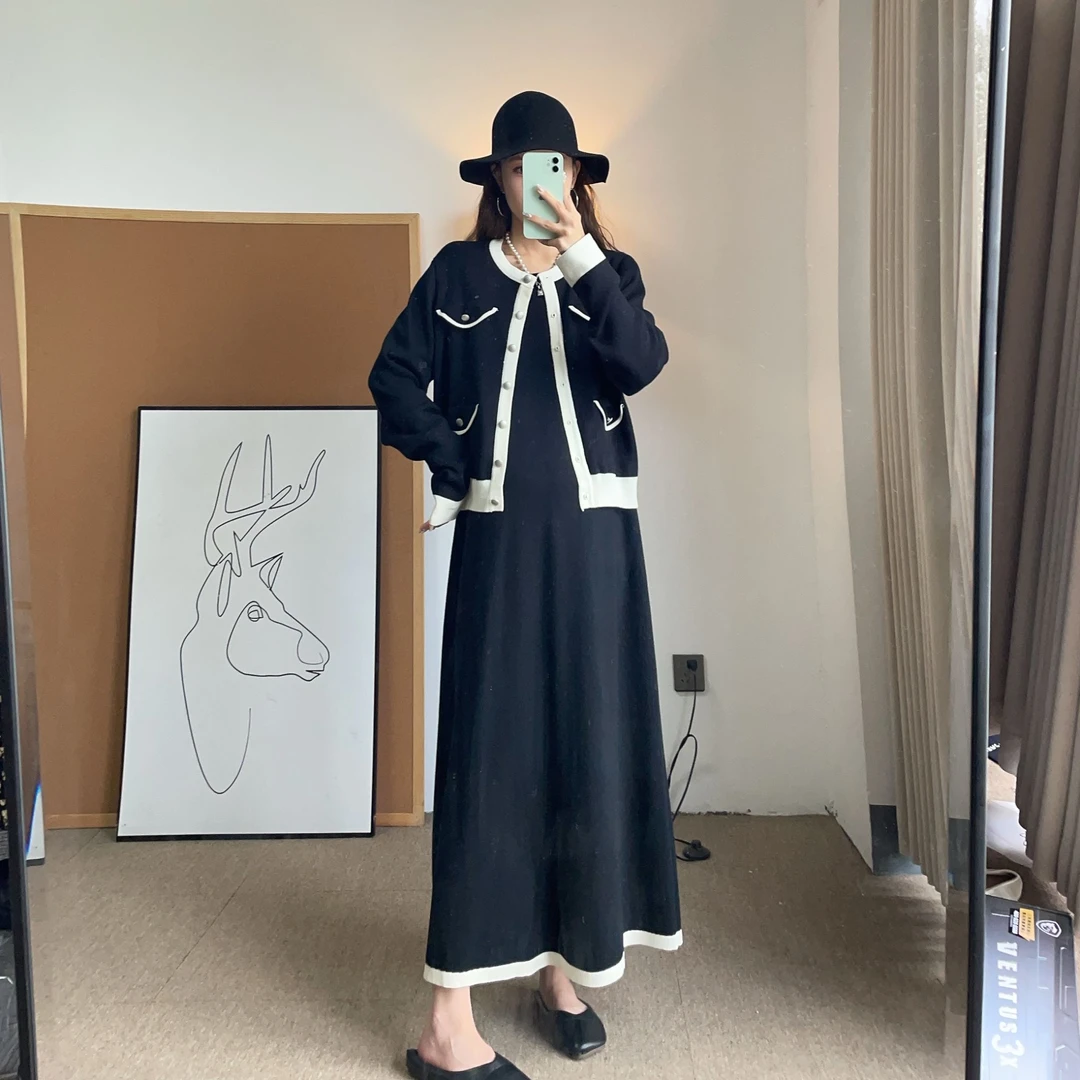 孕妇装2025春秋新款小香风针织开衫连衣裙两件套装时尚辣妈上衣