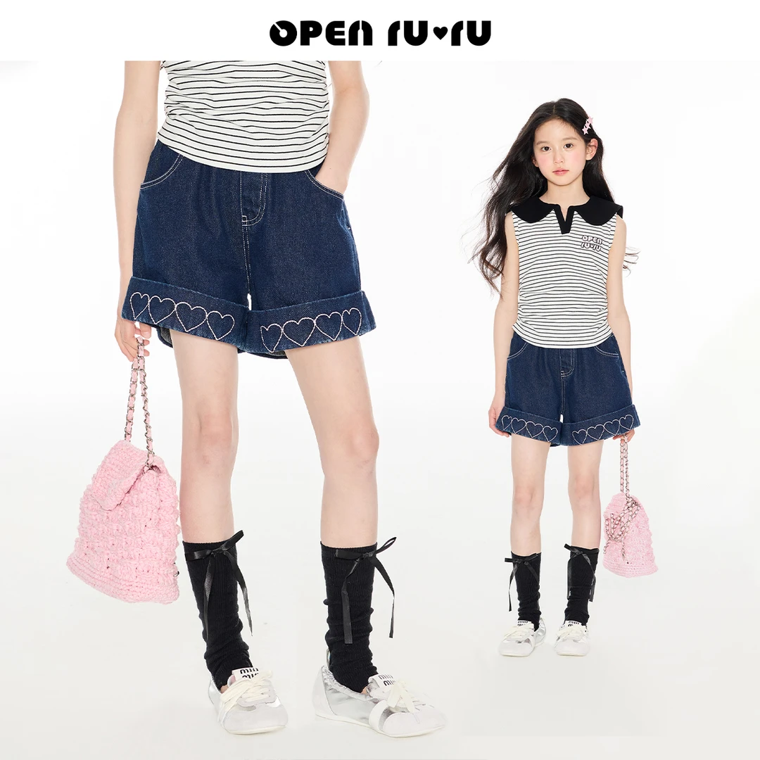 Opennunu女童爱心刺绣牛仔短裤夏季中大童休闲百搭设计感热裤
