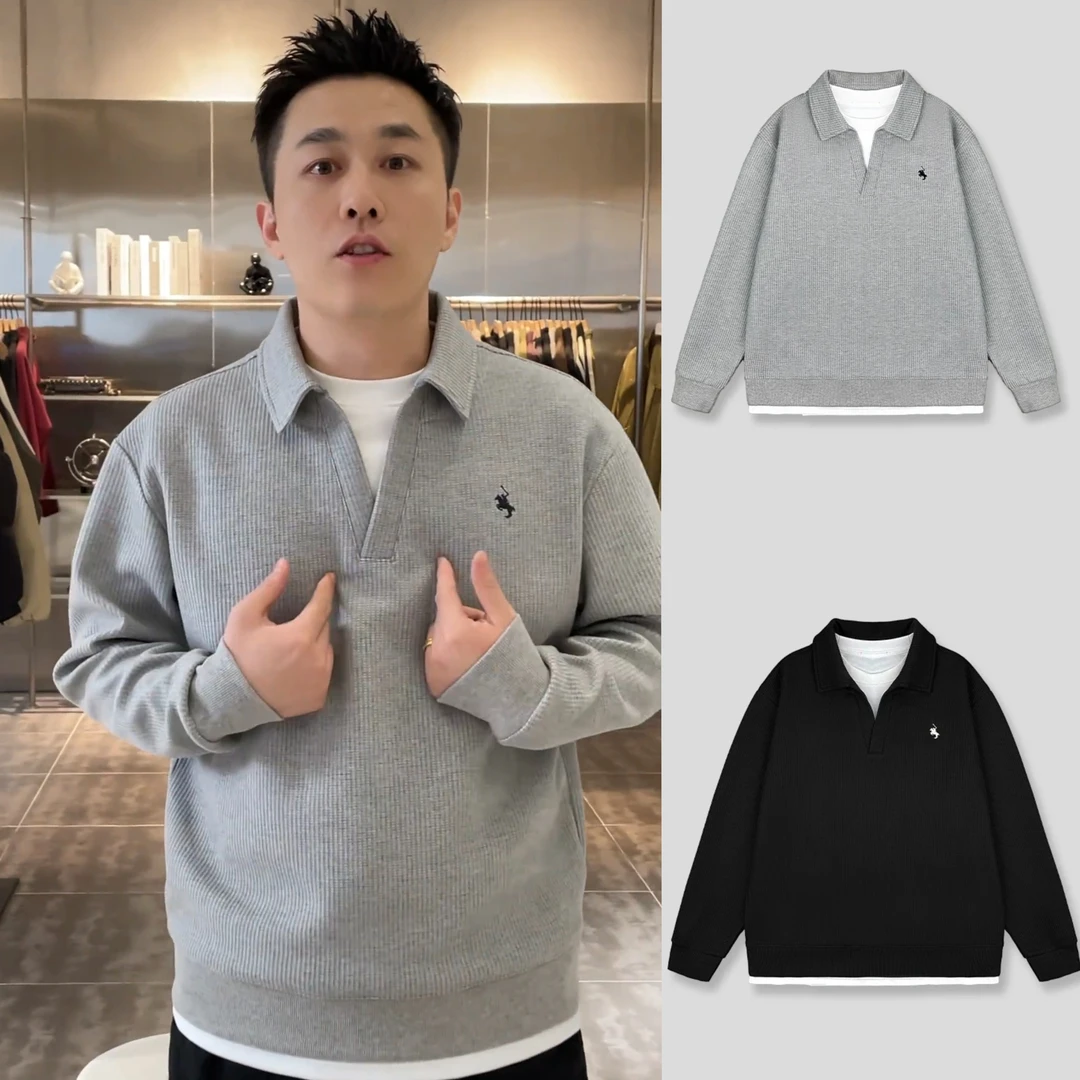 秋季拼接假两件华夫格刺绣翻领卫衣男时尚潮流百搭宽松纯色打底衫