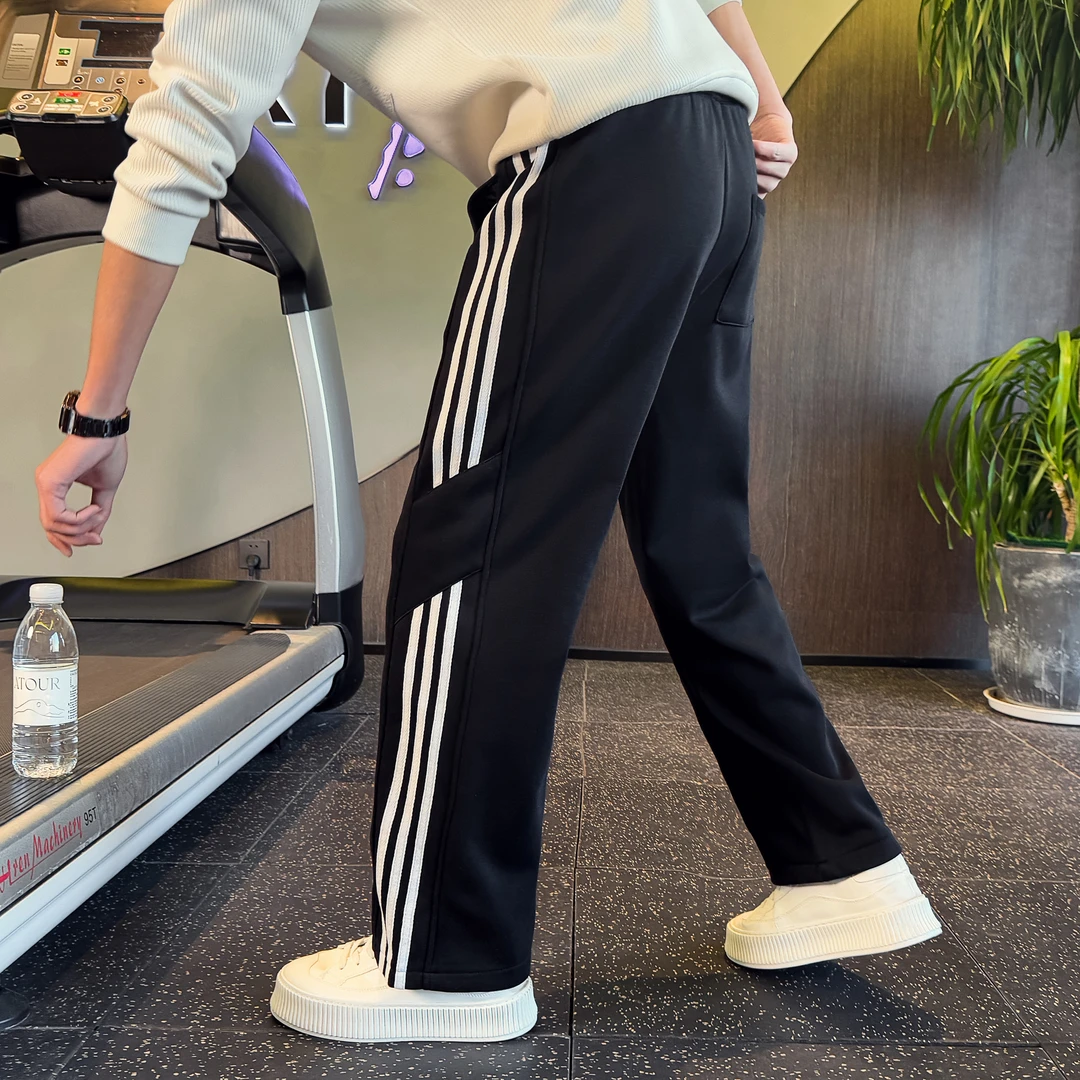 条纹卫裤男士春秋款网红直筒宽松阔腿休闲运动冬装加绒加厚长裤子