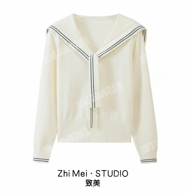 韩系学院风海军领2025秋冬针织衫毛衣百搭设计感时尚短款上衣女