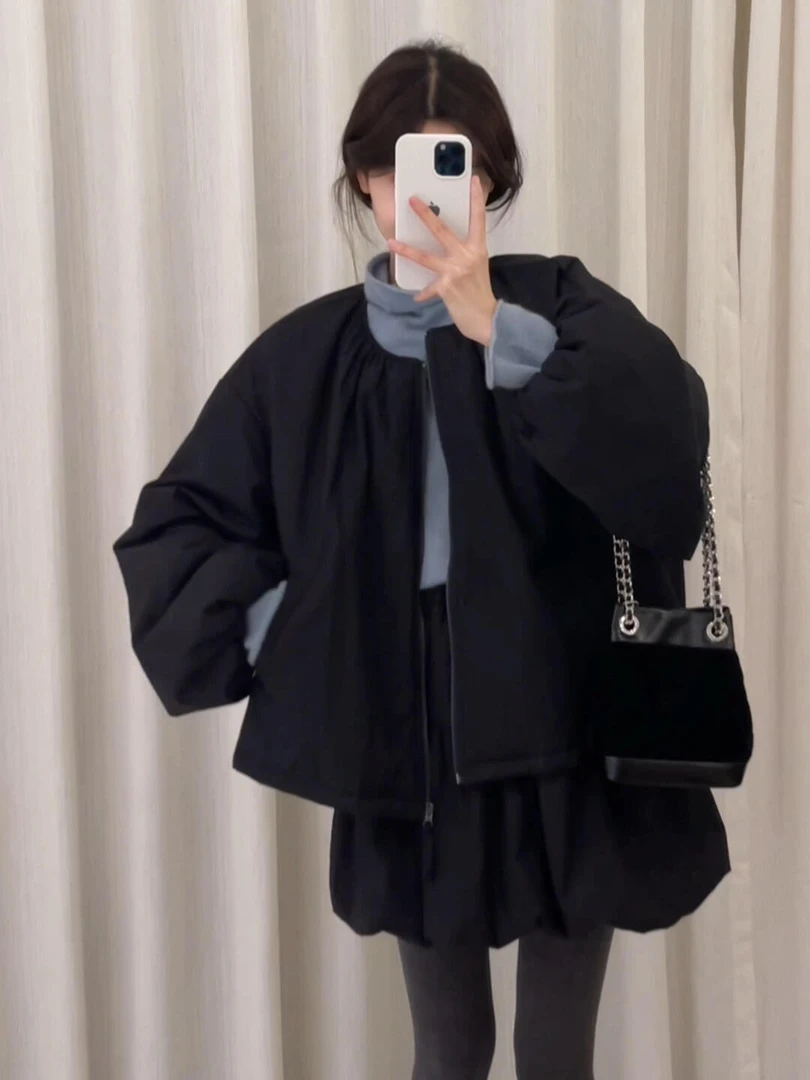 2025秋冬新款法式气质黑色云朵保暖棉服叠穿针织打底衫短裙三件套