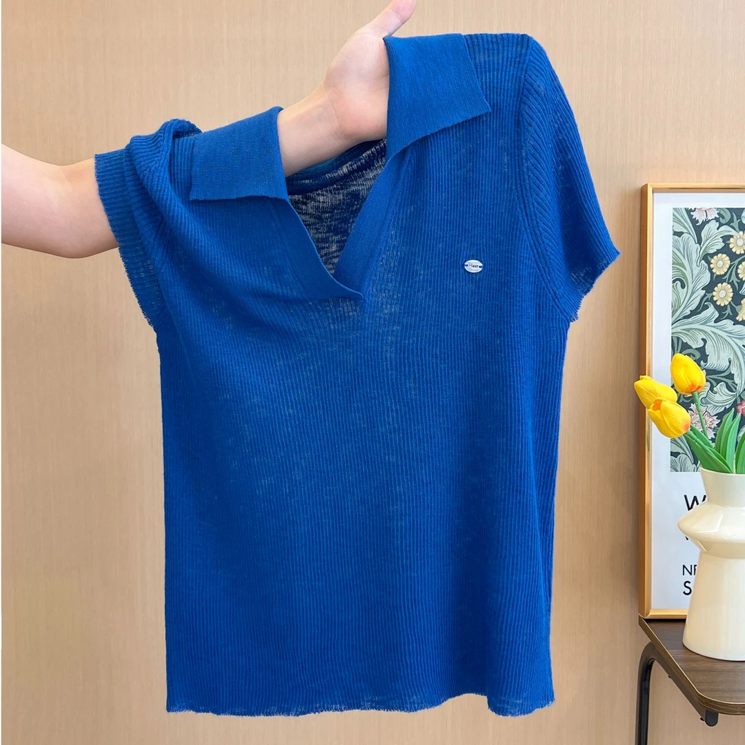 韩系翻领正肩短袖T恤女夏季新款修身显瘦独特漂亮小衫V领针织上衣