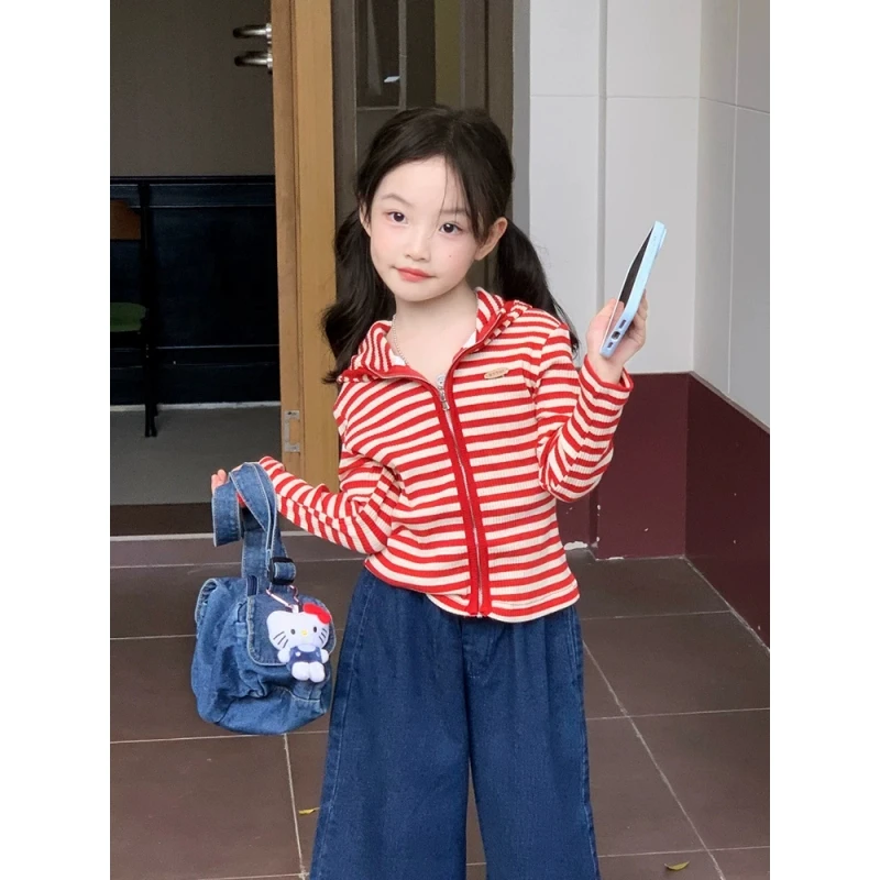 女童儿童连帽开衫常规长袖连帽少女风条纹秋季童装红色开衫