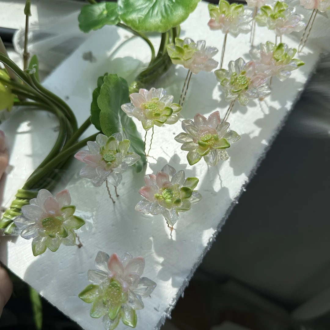 绿荷古风汉服头饰百搭夜光荷花小发簪新款绿色小U插仙气琉璃