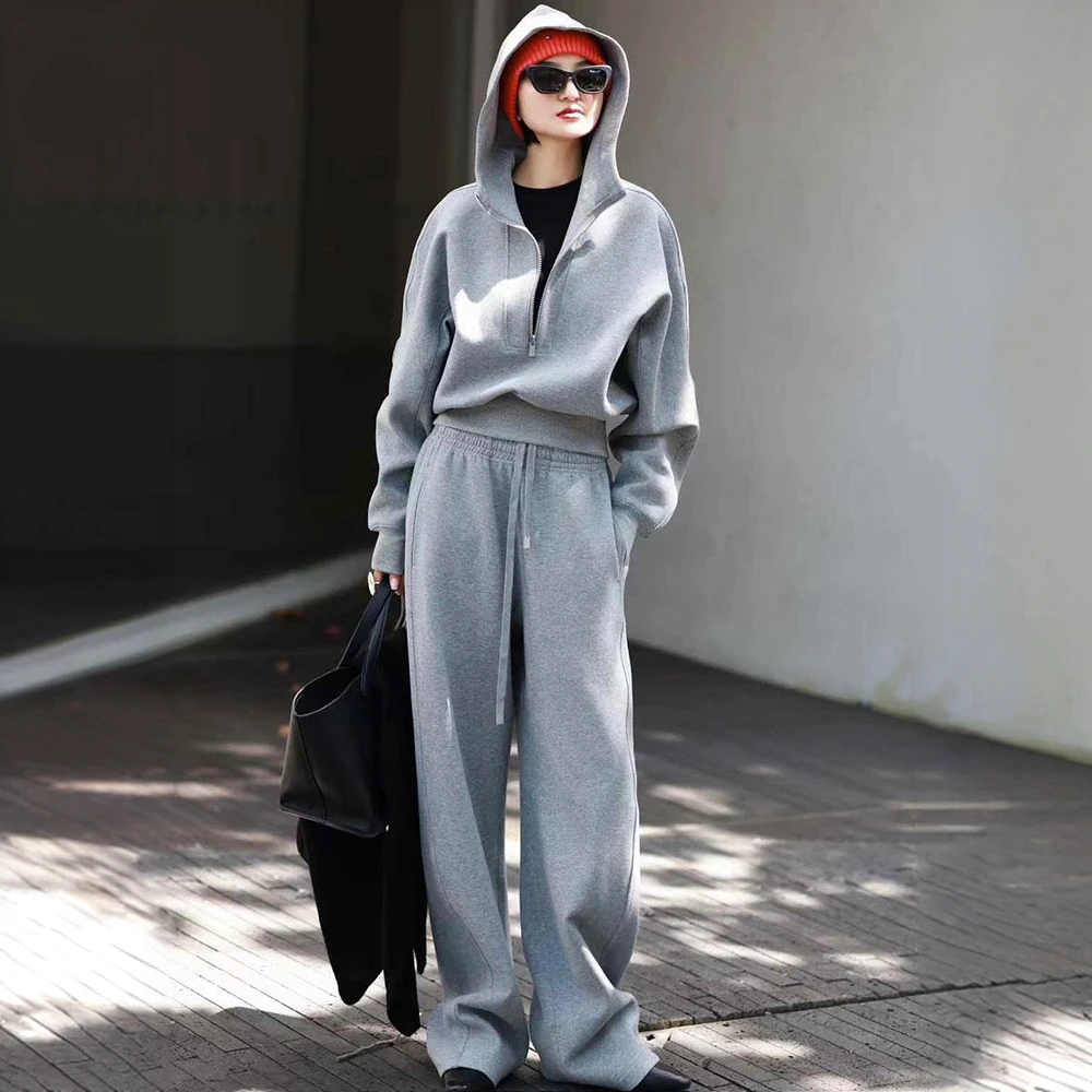 休闲运动套装女秋冬欧货宽松高级感炸街减龄灰色卫衣阔腿裤两件套