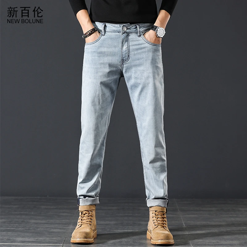 NEW BOLUNE/新百伦夏季浅色天丝牛仔裤男修身小直筒小脚薄款长裤