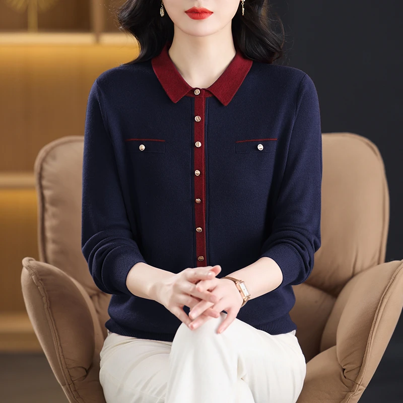 中年女士春秋新款翻假开衫高档打底衫时尚妈妈装针织衫宽松薄T恤