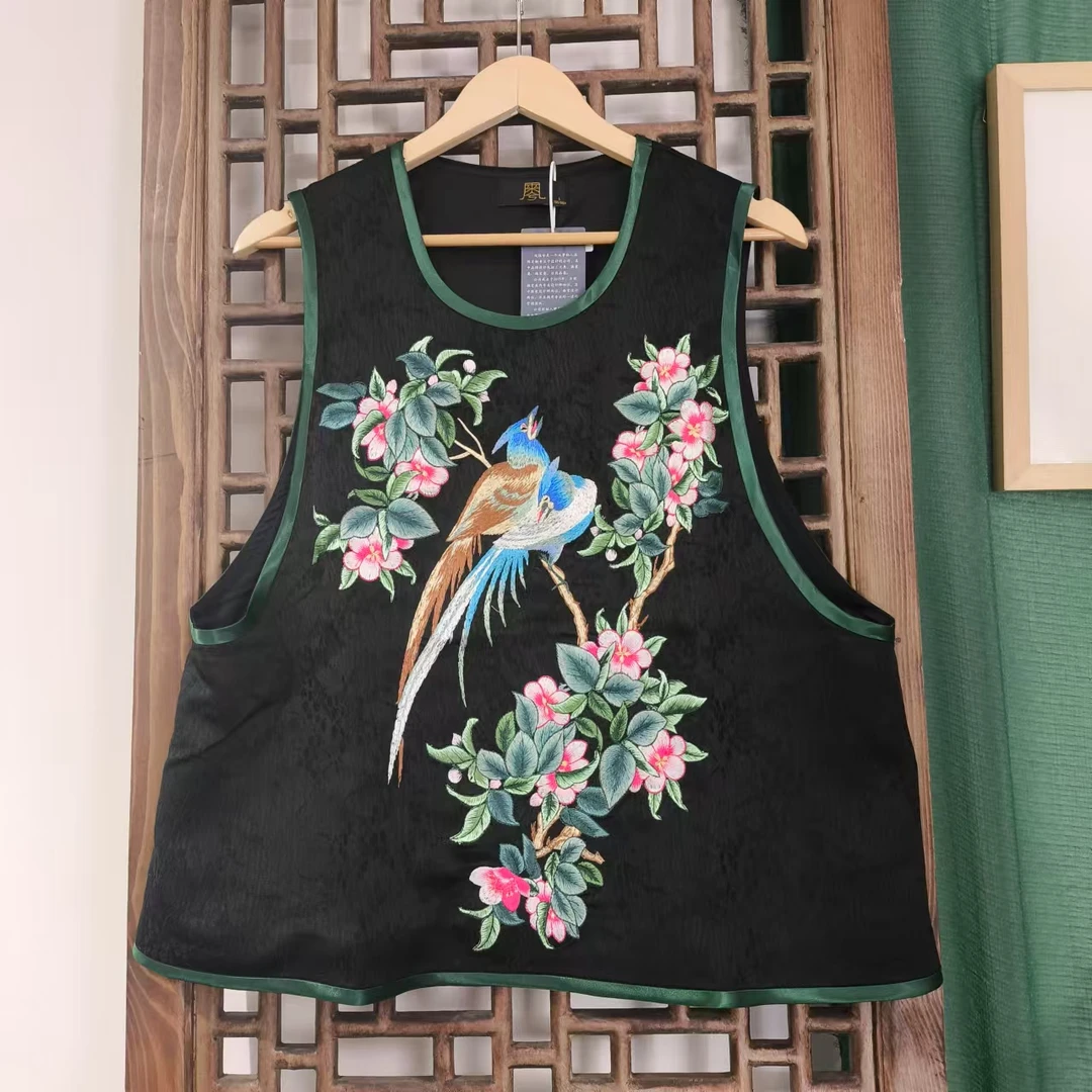 凤徕兮私人定制黑底蓝咖色喜上眉梢刺绣套头圆领短马甲(LS317-11)