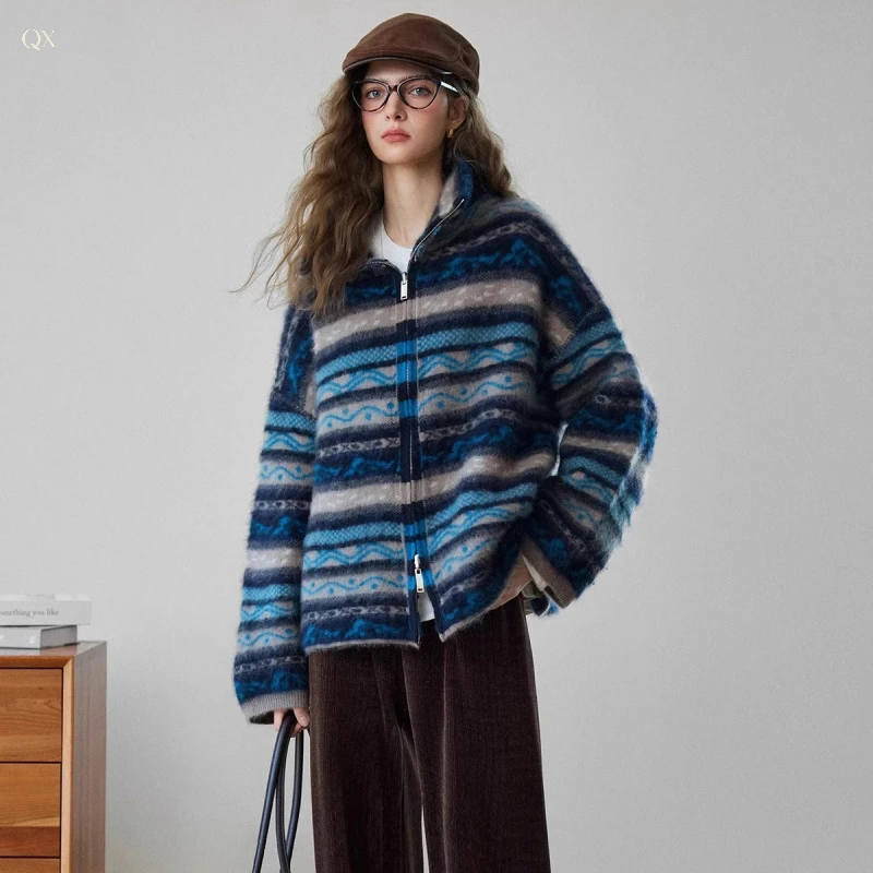 民族风毛混纺外套秋季新款条纹拉链宽松拉绒上衣复古针织外套