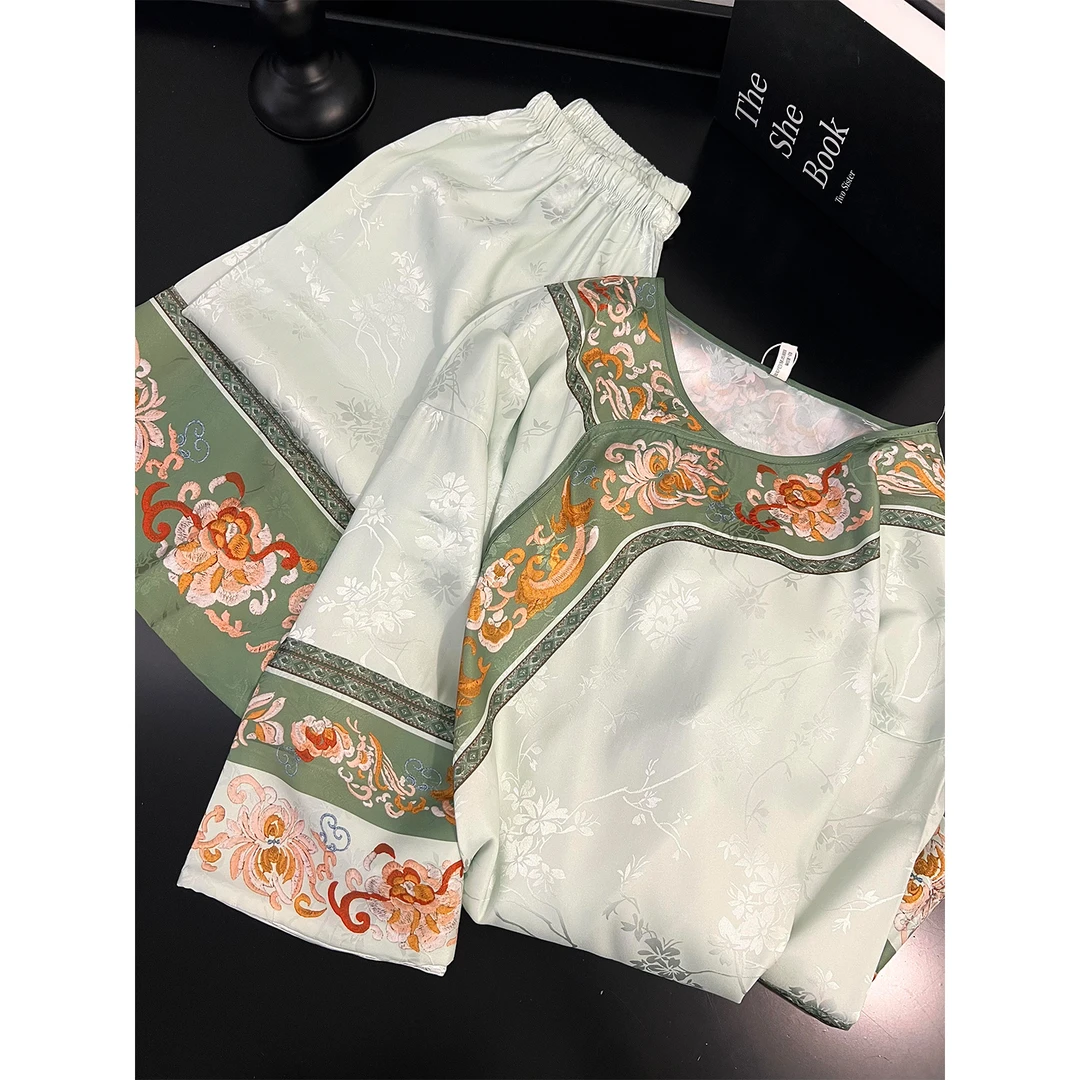 新中式复古提花印花睡衣女春秋新款大码冰丝长袖长裤家居服两件套