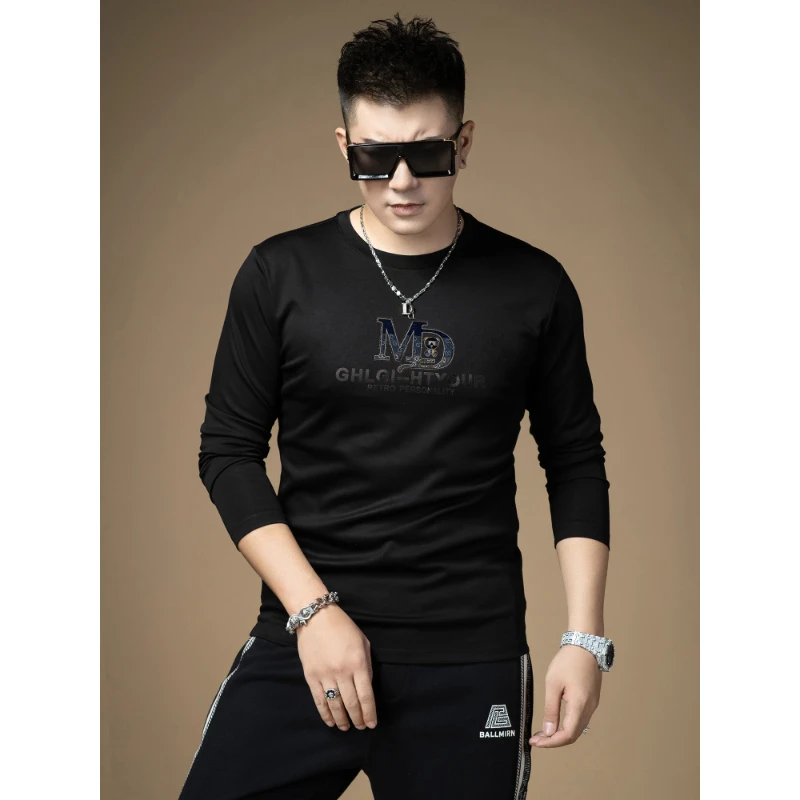 圆领休闲长袖T恤欧洲站2025新款秋季男士潮牌内搭打底衫上衣男装