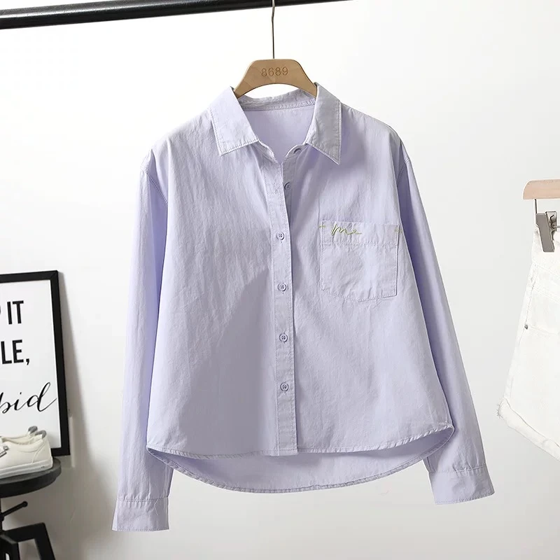 纯棉刺绣小个子女装长袖衬衫女春季新款韩版短款时尚衬衣百搭上衣