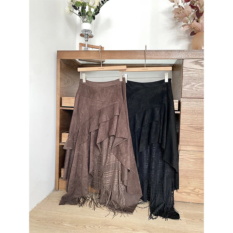 设计感复古不规则高腰半身裙女秋季新款高腰显瘦a字流苏半身裙子
