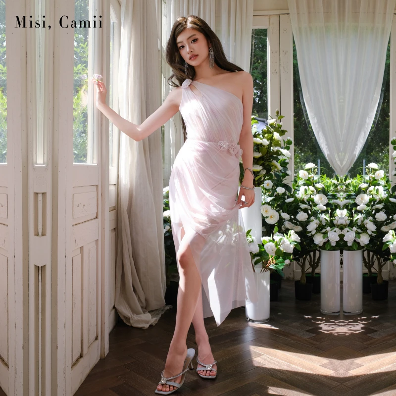 Misi,Camii2025夏季新款女装晕染网纱拉褶斜肩长款连衣裙轻奢时尚
