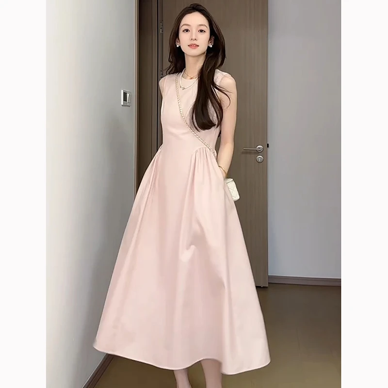 法式气质初恋粉色连衣裙女夏季2025年新款收腰显瘦无袖背心长裙子