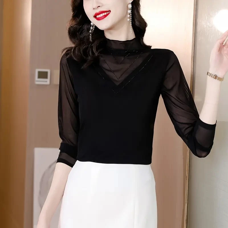冬季新品黑色蕾丝网纱打底衫女秋冬新款女士修身内搭长袖t恤秋装