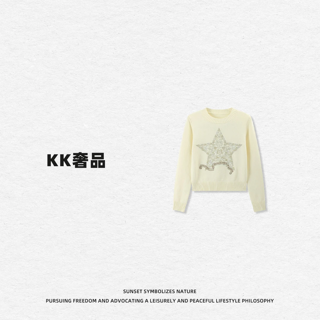 KK【星芒织梦】2520570时尚五角星刺绣圆领针织上衣
