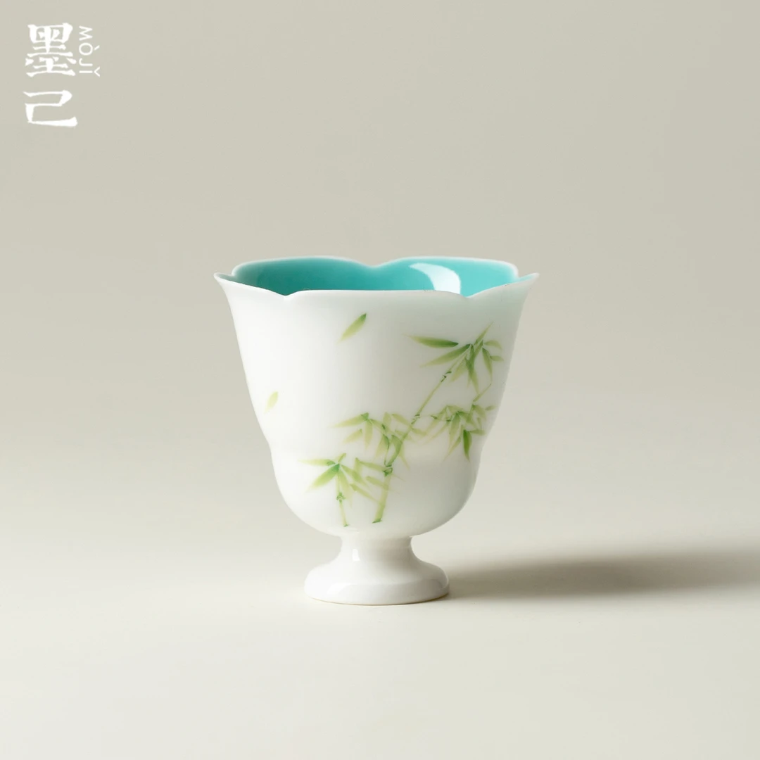 墨己玉泥白瓷仿宋高足花口茶杯手绘竹子松石绿青竹品茗杯家用单杯