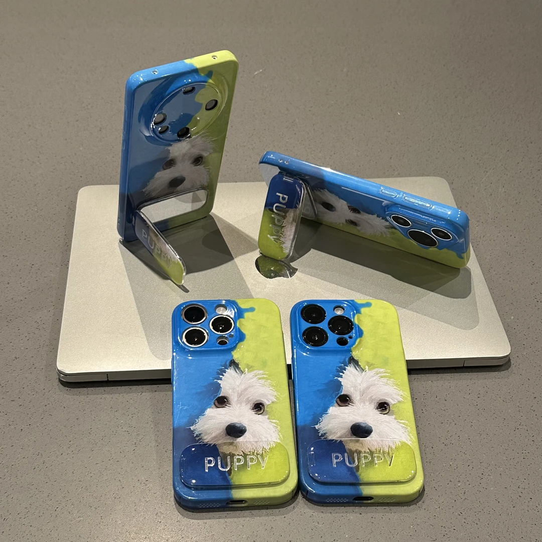 BANCA毛绒小狗镜面支架适用苹果16手机壳华为P70vivo小米15oppo