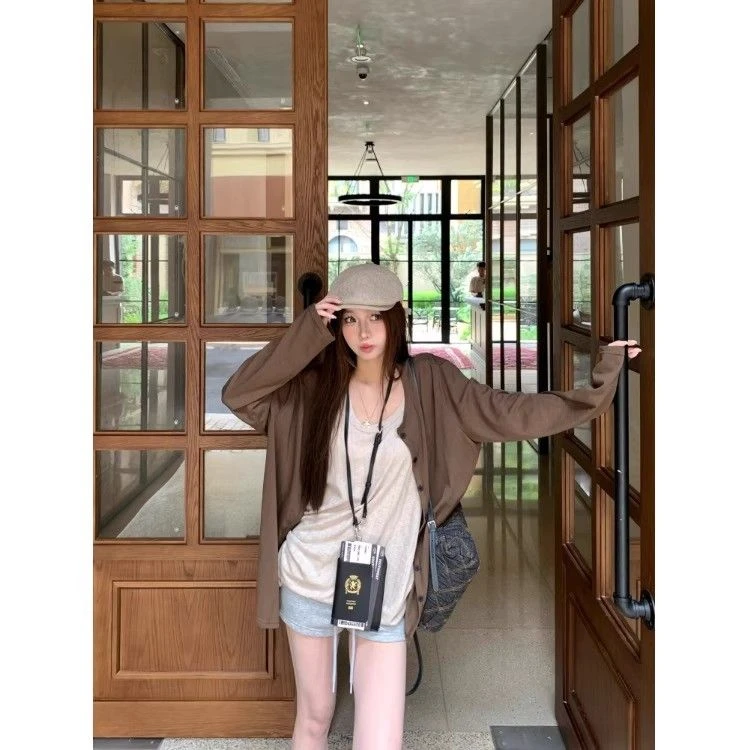 【广州原版面料】慵懒风薄款长袖防晒衫女秋季内搭吊带背心两件套