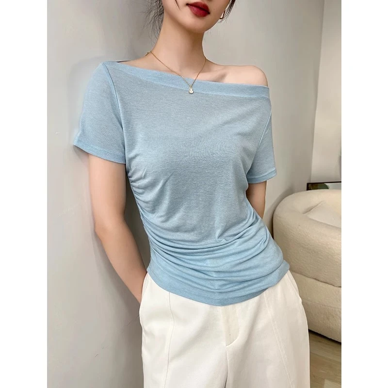 一字肩短袖t恤女夏季修身内搭打底衫外穿设计感斜肩上衣2025新款