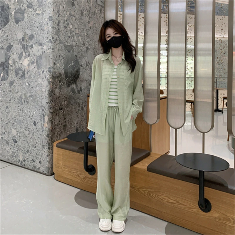 减龄遮肉时尚套装女夏季新款休闲纯色防晒衬衣外套长裤两件套女款