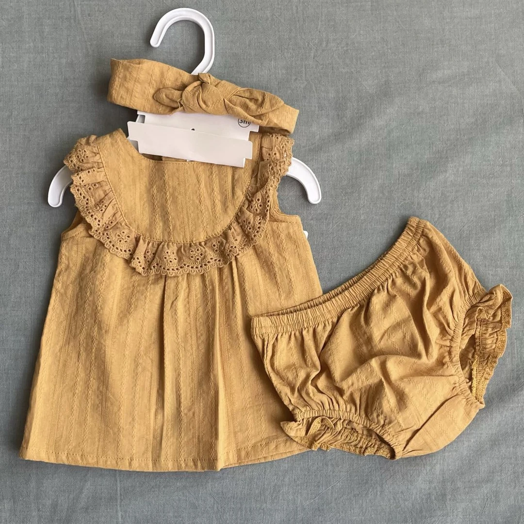 女宝宝可爱黄色（连衣裙+三角裤+头布）三件套装