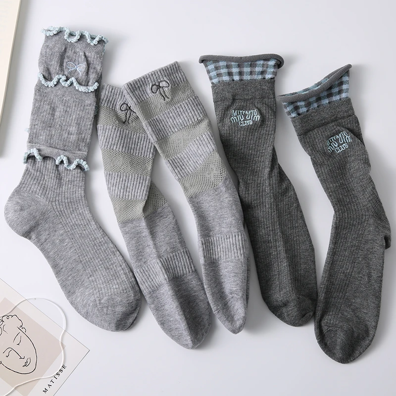灰色系春夏薄款袜子女中筒纯棉堆堆日系花边无骨芭蕾风甜美系百搭