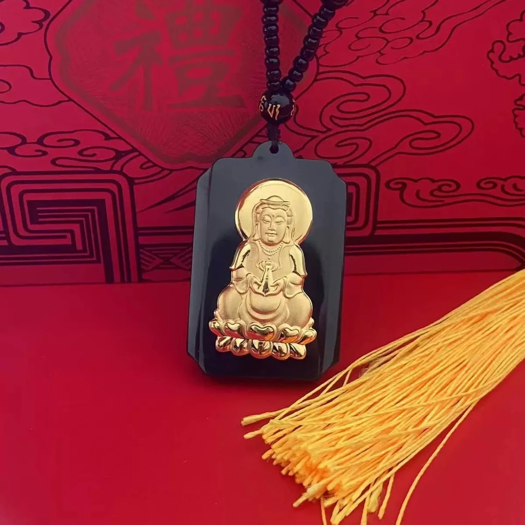 足金和田玉观音吊坠