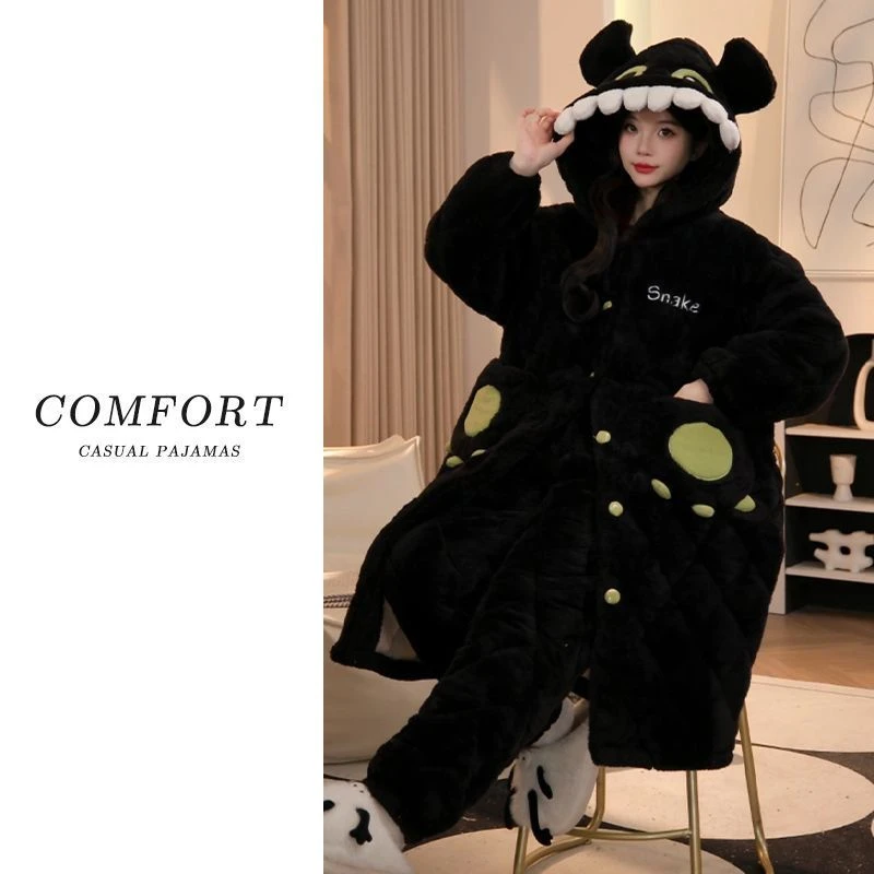 2025新款三层夹棉睡袍珊瑚绒睡衣女秋冬季加绒加厚无牙仔家居服