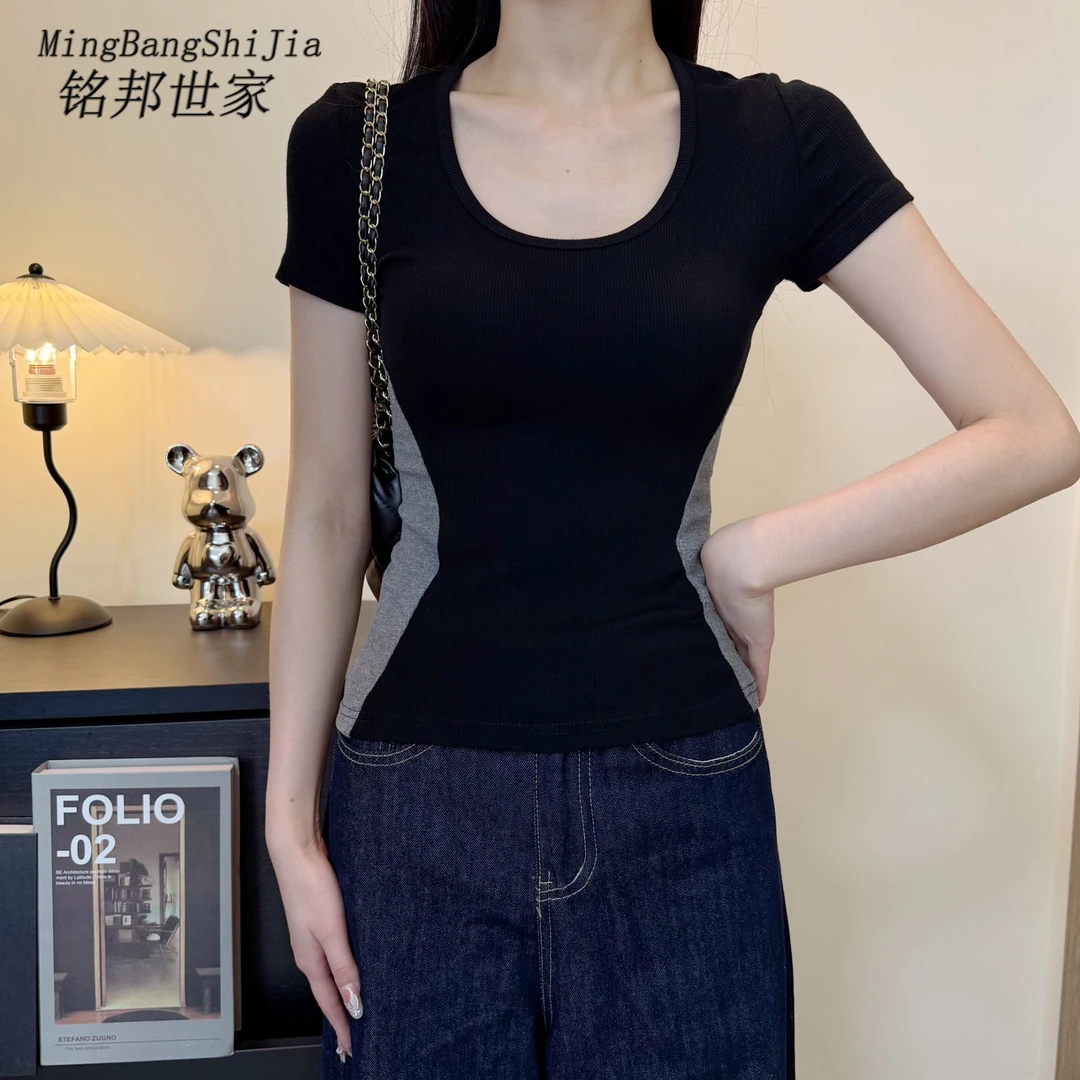 【铭邦世家】U领撞色短袖T恤小众设计感正肩欧若风打底衫上衣女