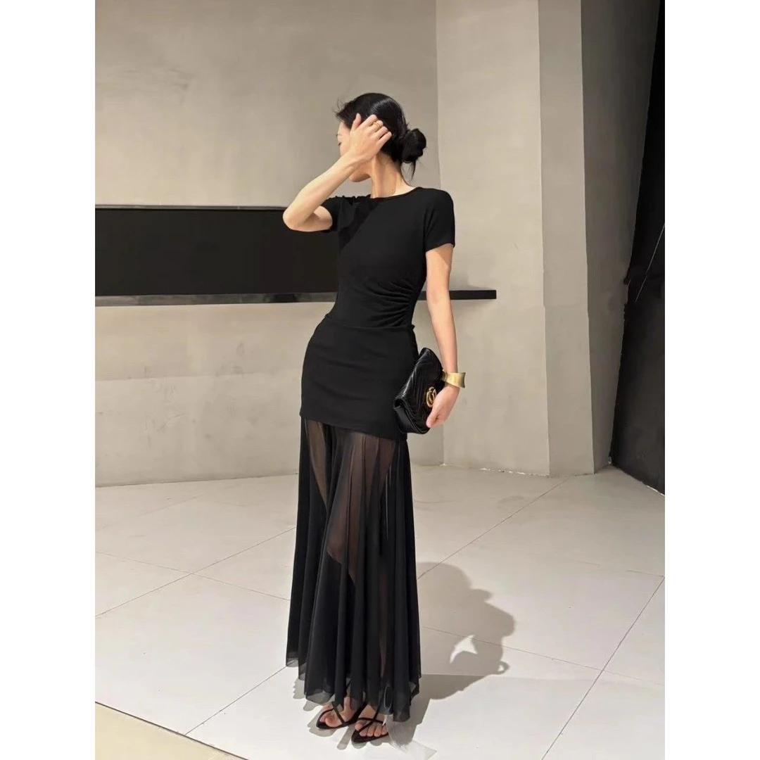 【店铺热销】DAMIN 2025春夏新款气质摩登短袖网纱拼接褶皱收腰显瘦