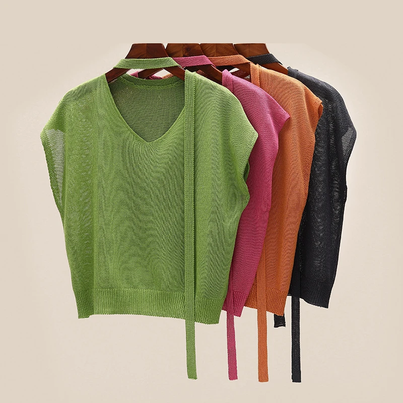 冰丝凉感V领针织短袖T恤女夏2025新款薄款显瘦宽松打底设计感上衣