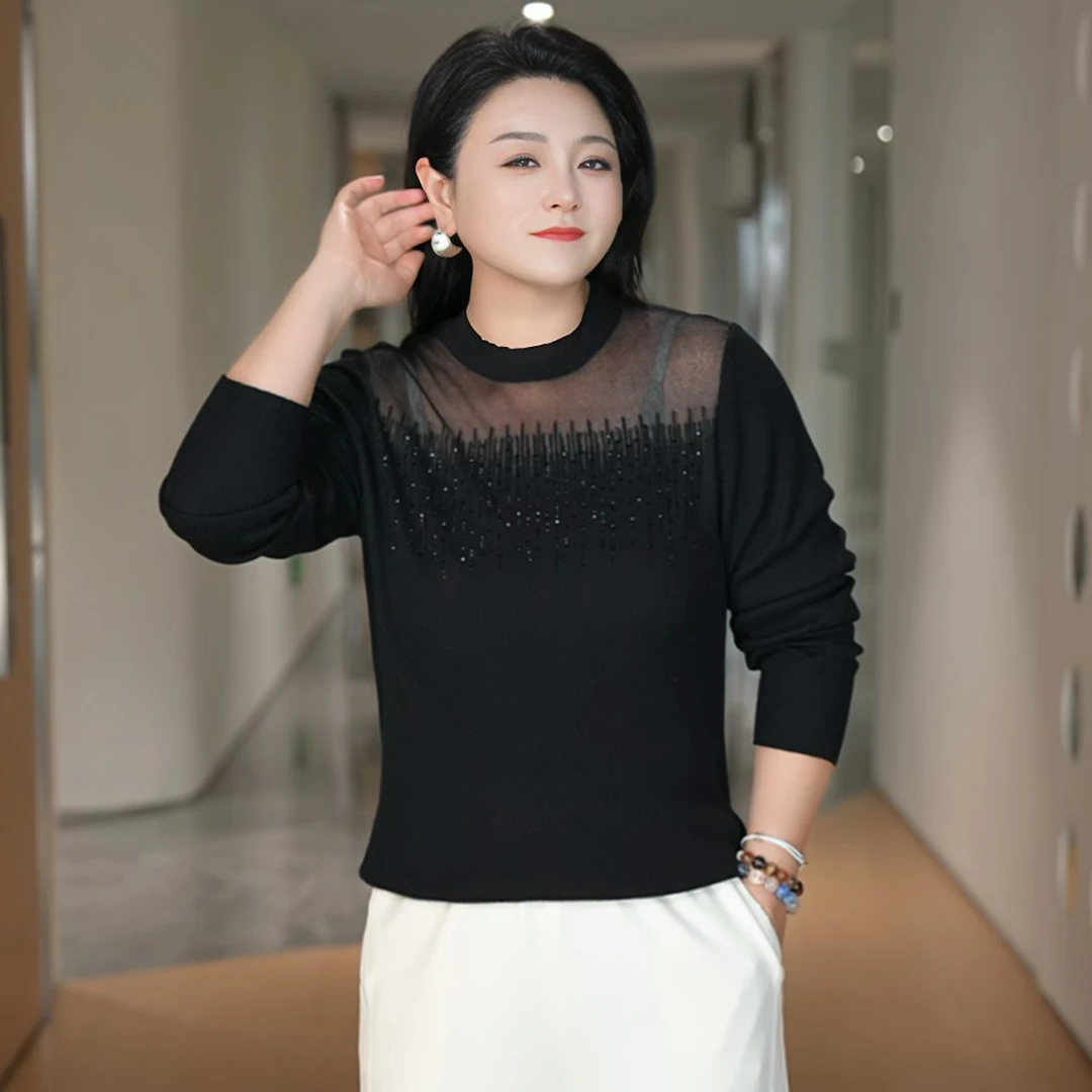 【现货45支绵羊毛】MsShe大码女装2025烫钻欧根纱毛衣J~B2508070