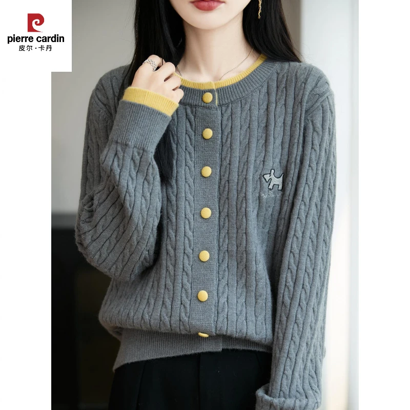 皮尔卡丹胖mm春秋大码女士外搭刺绣针织开衫2025早秋新款麻花短款