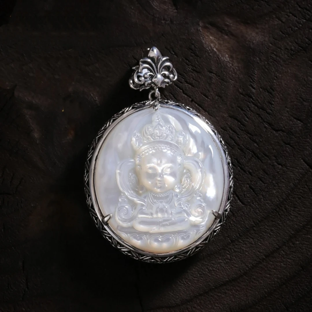 M7027<非晚1>S925银白贝浮雕白度母吊坠宫廷风镂空坠