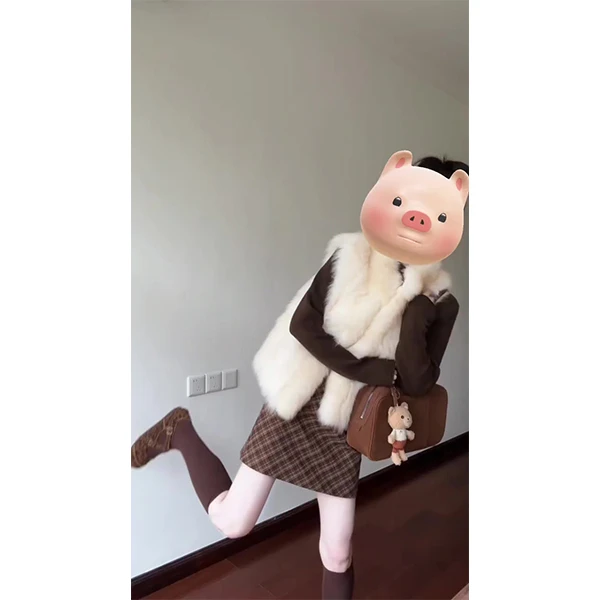 温柔月光无袖背心马甲外套女冬季新款毛毛大衣内搭半身裙三件套装